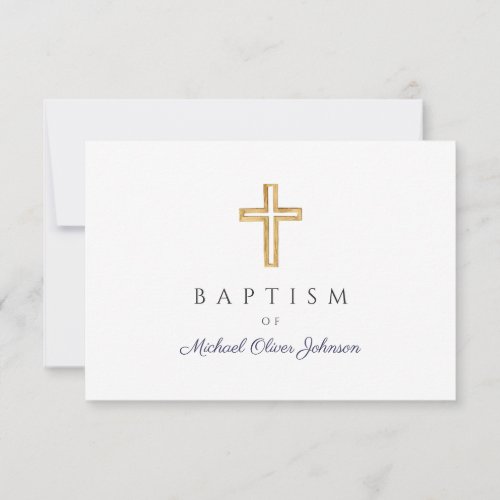 Elegant Navy Blue Religious Cross Boy Baptism  RSVP Card