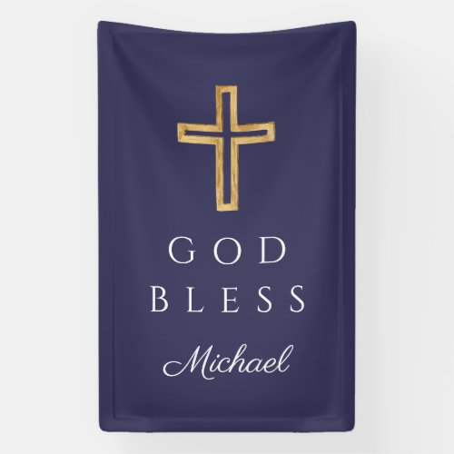 Elegant Navy Blue Religious Cross Boy God Bless Banner