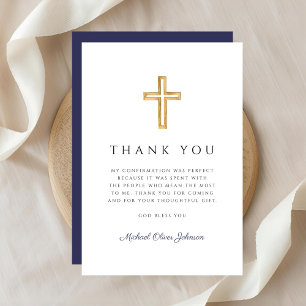 Elegant Navy Blue Religious Cross Confirmation Thank You Card