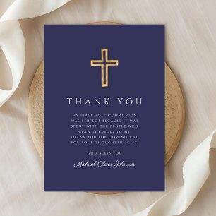 Elegant Navy Blue Religious Cross First Communion Thank You Card