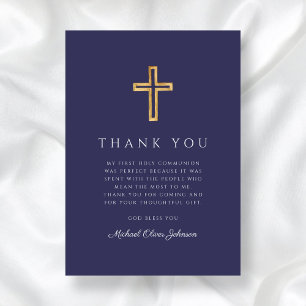 Elegant Navy Blue Religious Cross First Communion Thank You Card