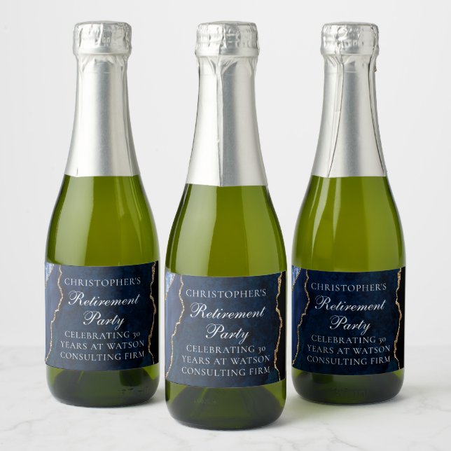 Elegant Navy Blue Retirement Party Custom Mini Sparkling Wine Label (Bottles)