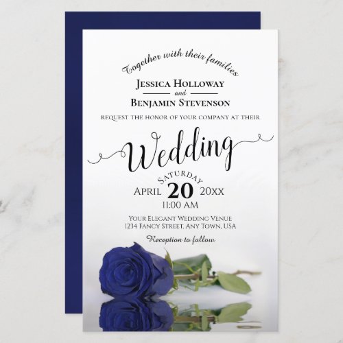 Elegant Navy Blue Rose BUDGET Wedding Invitation