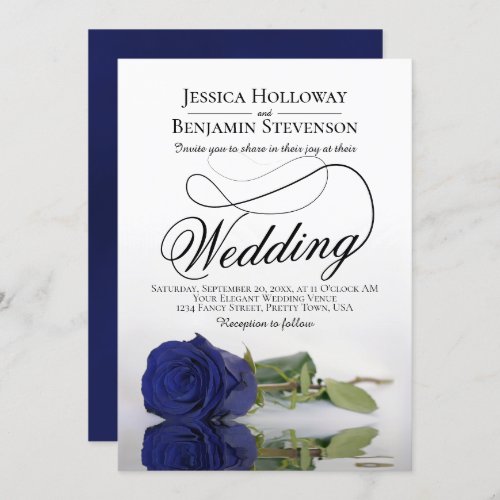 Elegant Navy Blue Rose Classy Script Wedding Invitation