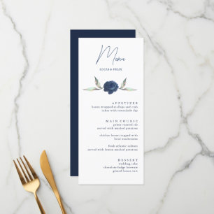 Elegant Navy BLue Rose Floral Wedding Menu Cards