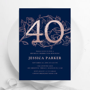 Elegant Navy Blue Rose Gold 40th Birthday Invitation