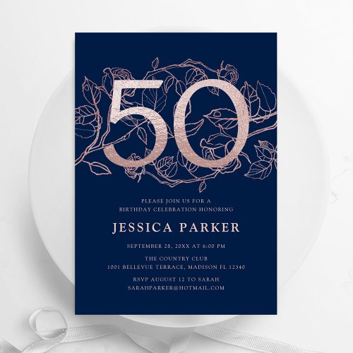 Elegant Navy Blue Rose Gold 50th Birthday Invitation