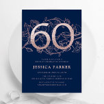 Elegant Navy Blue Rose Gold 60th Birthday Invitation<br><div class="desc">Elegant navy blue rose gold 60th birthday party invitation. Customizable modern feminine design featuring roses botanical accents and faux glitter rose gold. Simple floral invite card perfect for a stylish female bday celebration. Personalize with your own details. Printed Zazzle invitations or instant download digital printable template.</div>