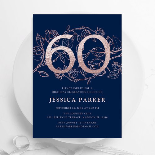 Elegant Navy Blue Rose Gold 60th Birthday Invitation