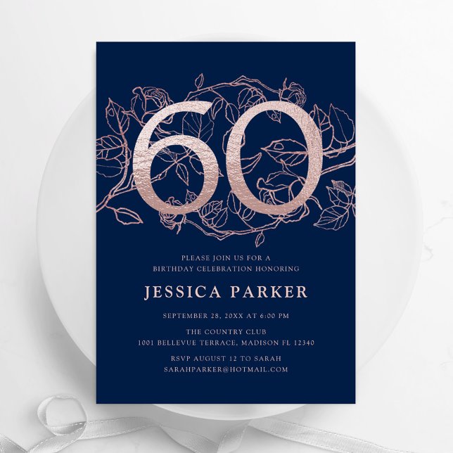Elegant Navy Blue Rose Gold 60th Birthday Invitation (Creator Uploaded)