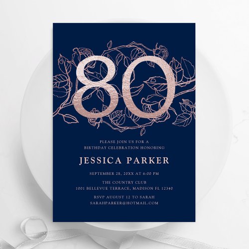 Elegant Navy Blue Rose Gold 80th Birthday Invitation