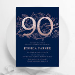 Elegant Navy Blue Rose Gold 90th Birthday Invitation<br><div class="desc">Elegant navy blue rose gold 90th birthday party invitation. Customizable modern feminine design featuring roses botanical accents and faux glitter rose gold. Simple floral invite card perfect for a stylish female bday celebration. Personalize with your own details. Printed Zazzle invitations or instant download digital printable template.</div>