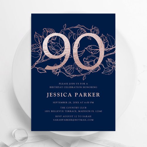 Elegant Navy Blue Rose Gold 90th Birthday Invitation