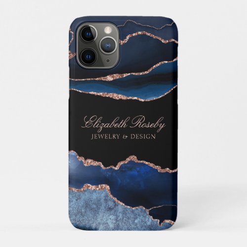 Elegant Navy Blue Rose Gold Agate Black Business iPhone 11 Pro Case