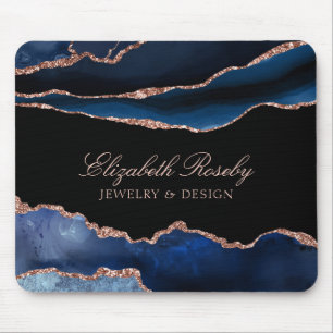 Elegant Navy Blue Rose Gold Agate Black Business Mouse Pad