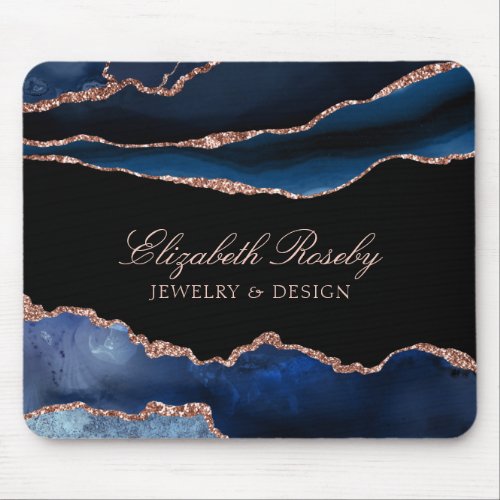 Elegant Navy Blue Rose Gold Agate Black Business Mouse Pad