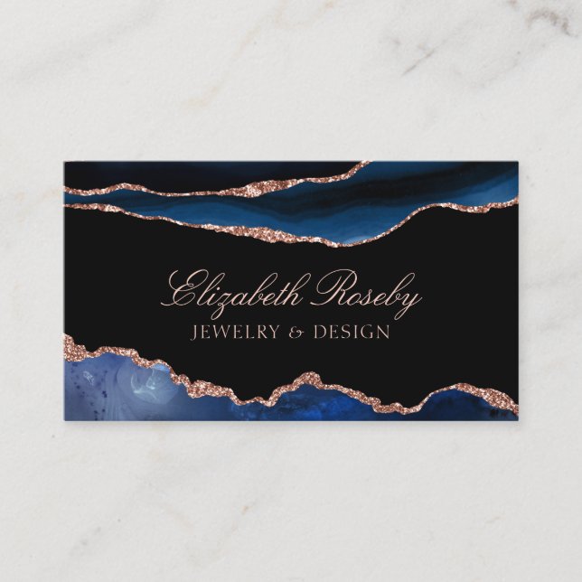 Elegant Navy Blue Rose Gold Agate Geode Business Card (Front)