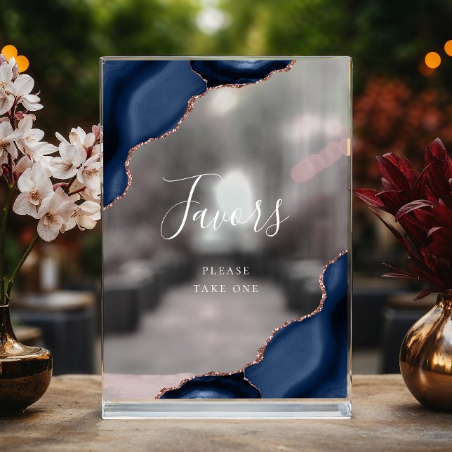 Elegant Navy Blue Rose Gold Agate Wedding Favors Acrylic Sign (Creator Uploaded)