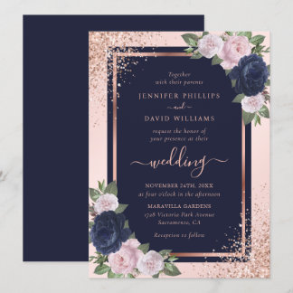Elegant Navy Blue Rose Gold Blush Floral Wedding Invitation