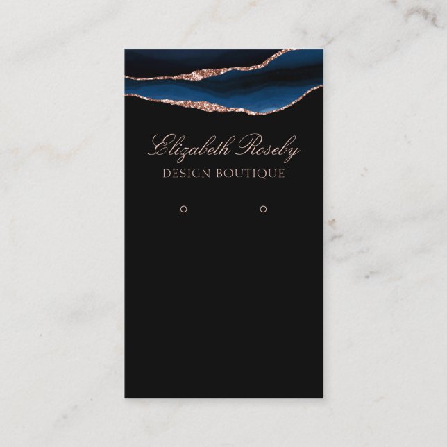 Elegant Navy Blue Rose Gold Earring Jewelry Black Business Card (Front)