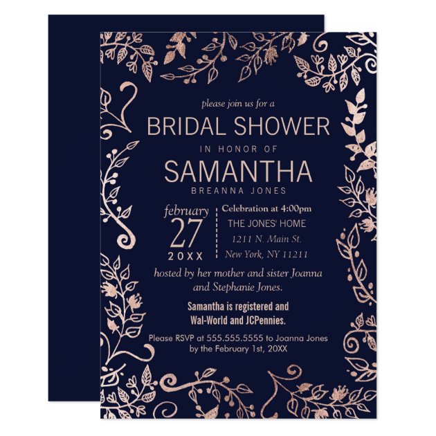 Elegant Navy Blue Rose Gold Floral Bridal Shower Invitation