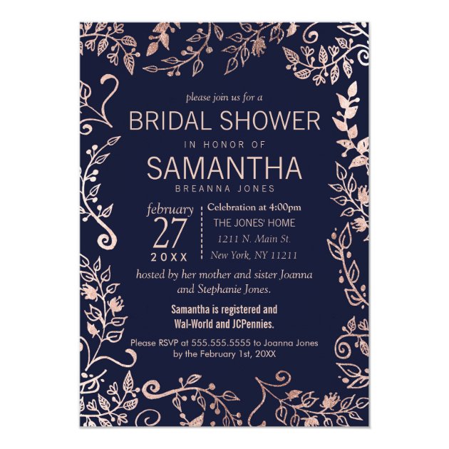Elegant Navy Blue Rose Gold Floral Bridal Shower Invitation