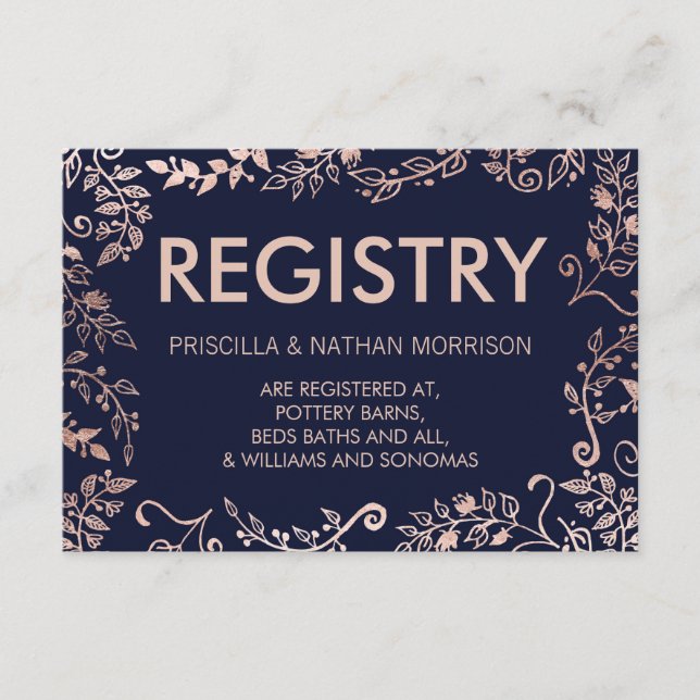 Elegant Navy Blue Rose Gold Floral Gift Registry Enclosure Card (Front)