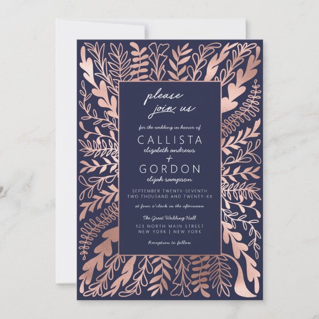 Elegant Navy Blue Rose Gold Floral Leaf Wedding Invitation (Front)