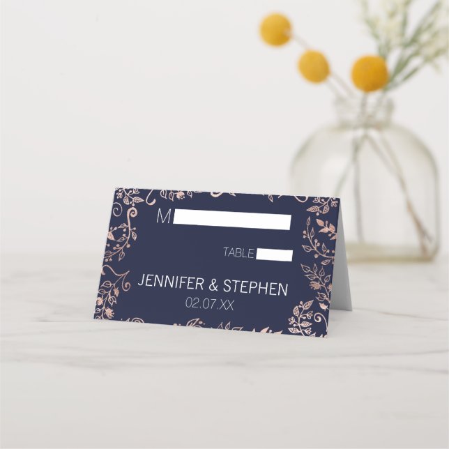 Elegant Navy Blue Rose Gold Floral Place Cards (Front)
