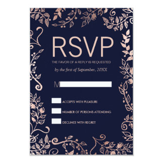 Elegant Navy Blue Rose Gold Floral RSVP Cards