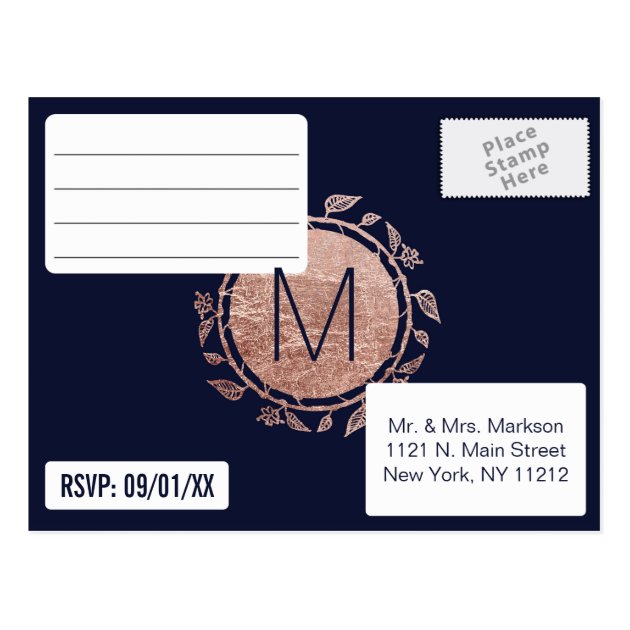 Elegant Navy Blue Rose Gold Floral RSVP Postcards