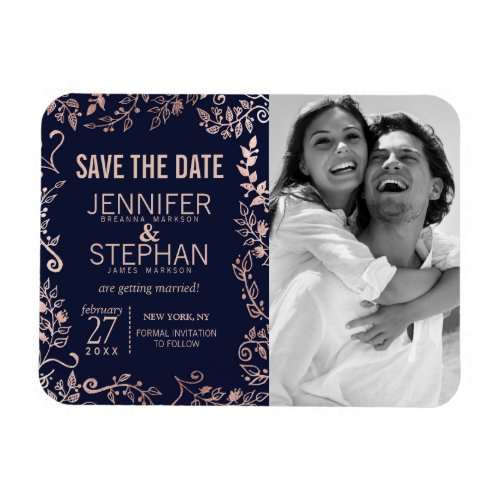 Elegant Navy Blue Rose Gold Floral Save the Dates Magnet