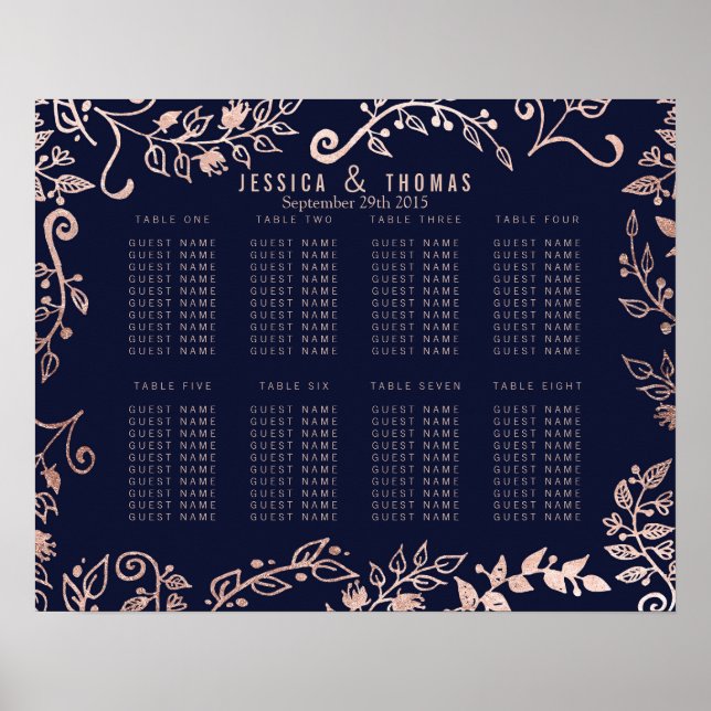 Elegant Navy Blue Rose Gold Floral Seating Chart (Front)