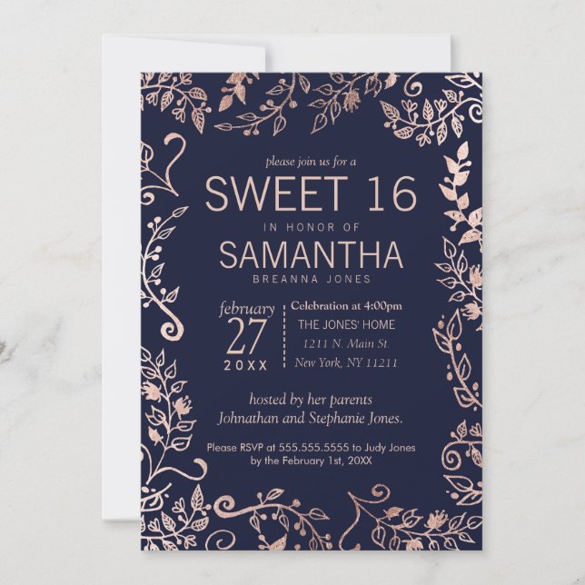 Elegant Navy Blue Rose Gold Floral Sweet 16 Invite (Front)