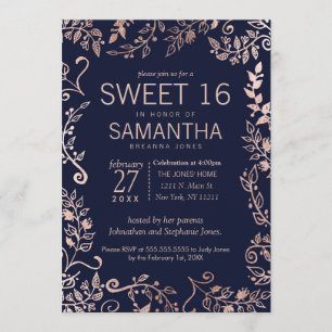 Elegant Navy Blue Rose Gold Floral Sweet 16 Invite