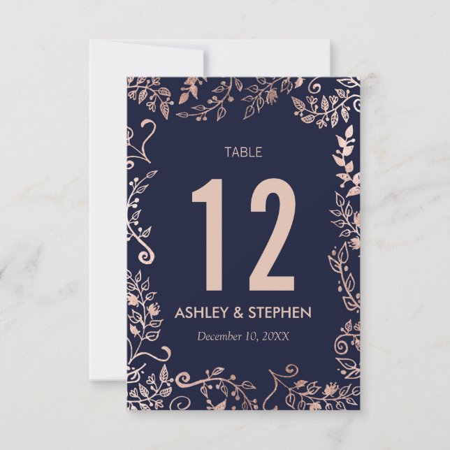 Elegant Navy Blue Rose Gold Floral Table Numbers (Front)