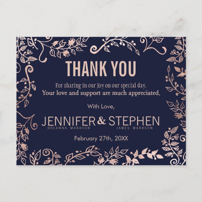 Elegant Navy Blue Rose Gold Floral Thank Yous Postcard (Front)