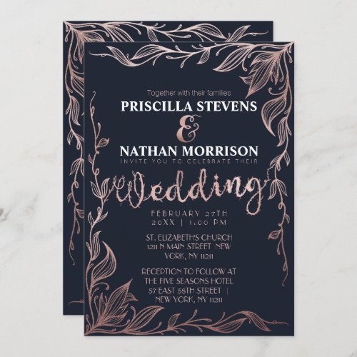 Elegant Navy Blue Rose Gold Floral Vine Wedding Invitation