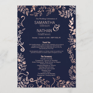 Elegant Navy Blue Rose Gold Floral Wedding Program