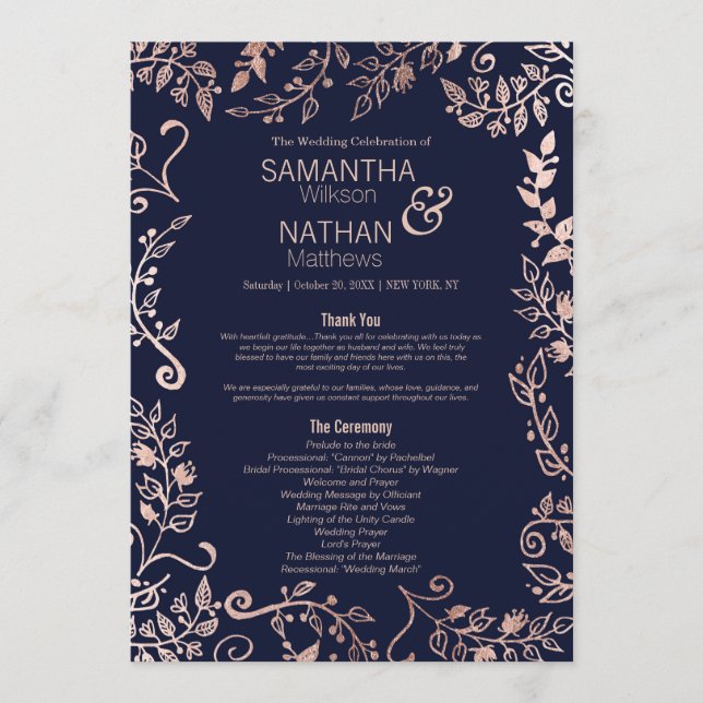 Elegant Navy Blue Rose Gold Floral Wedding Program (Front)