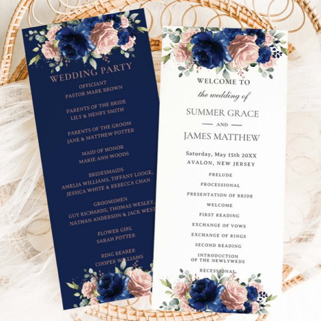 Elegant Navy Blue Rose Gold Floral Wedding Program (Creator Uploaded)