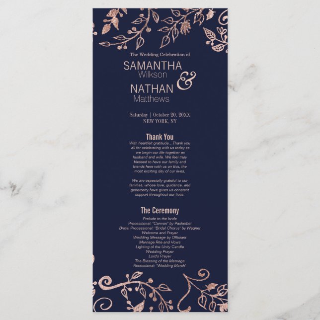 Elegant Navy Blue Rose Gold Floral Wedding Program (Front)