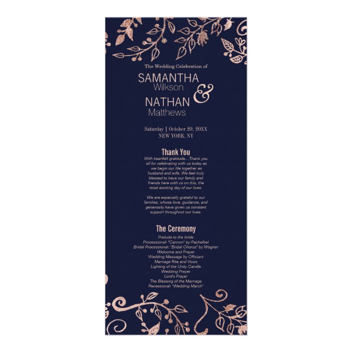 Elegant Navy Blue Rose Gold Floral Wedding Program : Zazzle