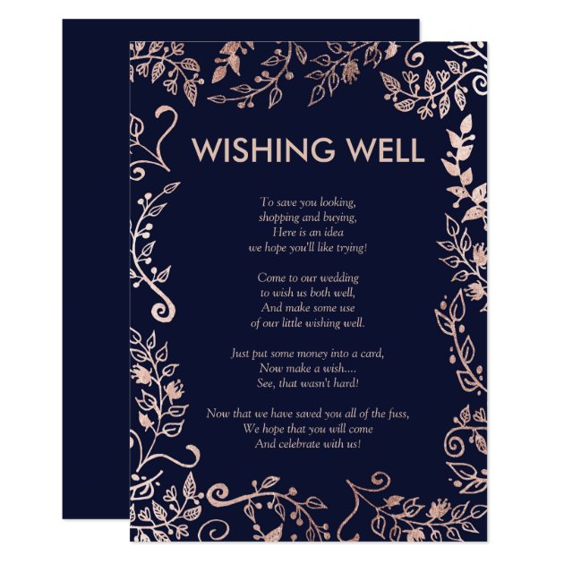 Elegant Navy Blue Rose Gold Floral Wishing Well Card