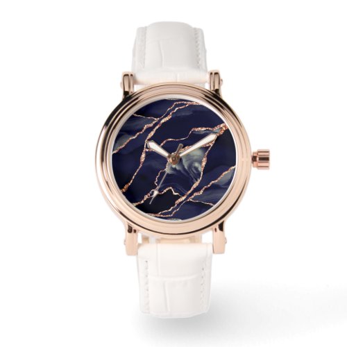 Elegant Navy Blue Rose Gold Foil Agate Watch