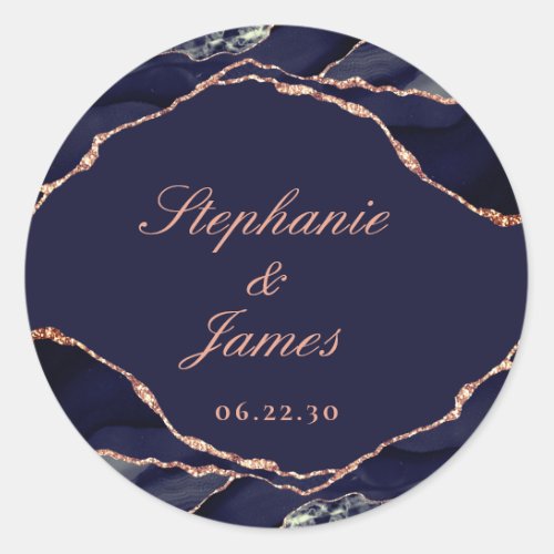 Elegant Navy Blue Rose Gold Foil Agate Wedding Classic Round Sticker