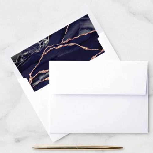 Elegant Navy Blue Rose Gold Foil Agate Wedding Envelope Liner