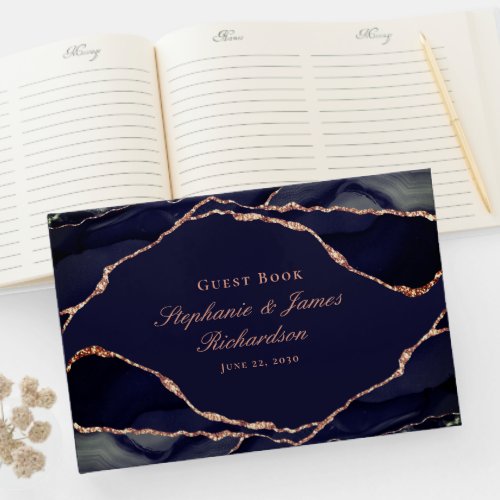 Elegant Navy Blue Rose Gold Foil Agate Wedding Guest Book