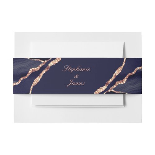 Elegant Navy Blue Rose Gold Foil Agate Wedding Invitation Belly Band