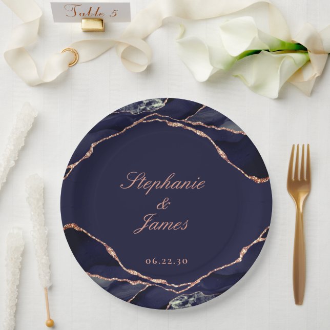 Elegant Navy Blue Rose Gold Foil Agate Wedding Paper Plates (Wedding)
